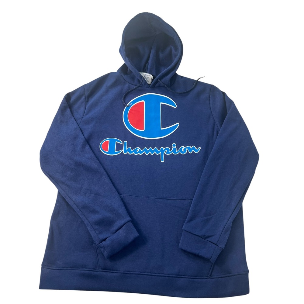 Champion Logo Graphic Navy Blue‎ Hoodie Sweatshirt Mens 2XL Athletic Wear
